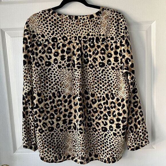 Adriana Papell Leopard Print Popover Blouse Long Sleeves Womens L Casual Chic‎ - Picture 7 of 8